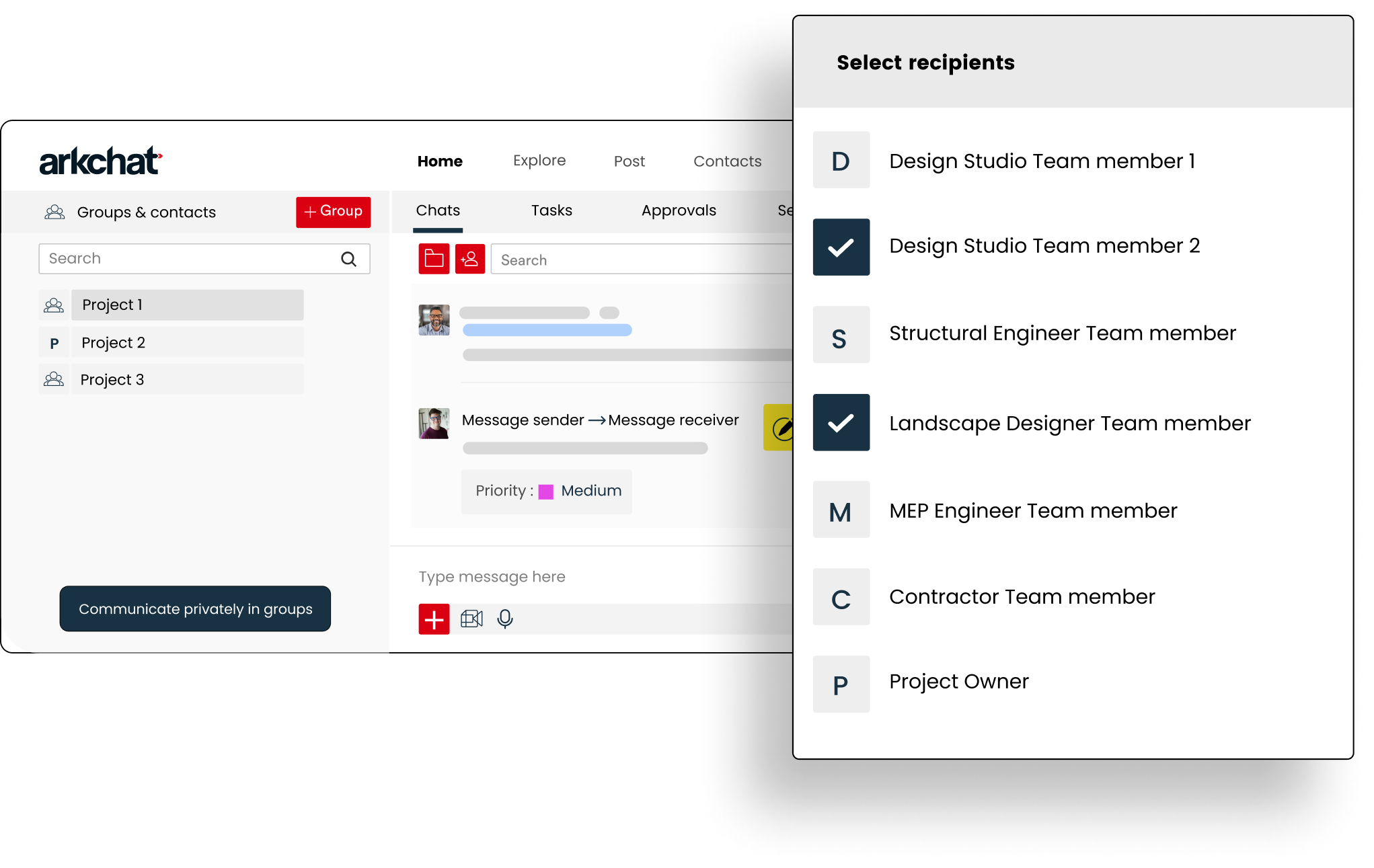 Arkchat messaging app: AEC firms can eliminate communication gaps by collaborating with everyone involved in a project in one group web screen image