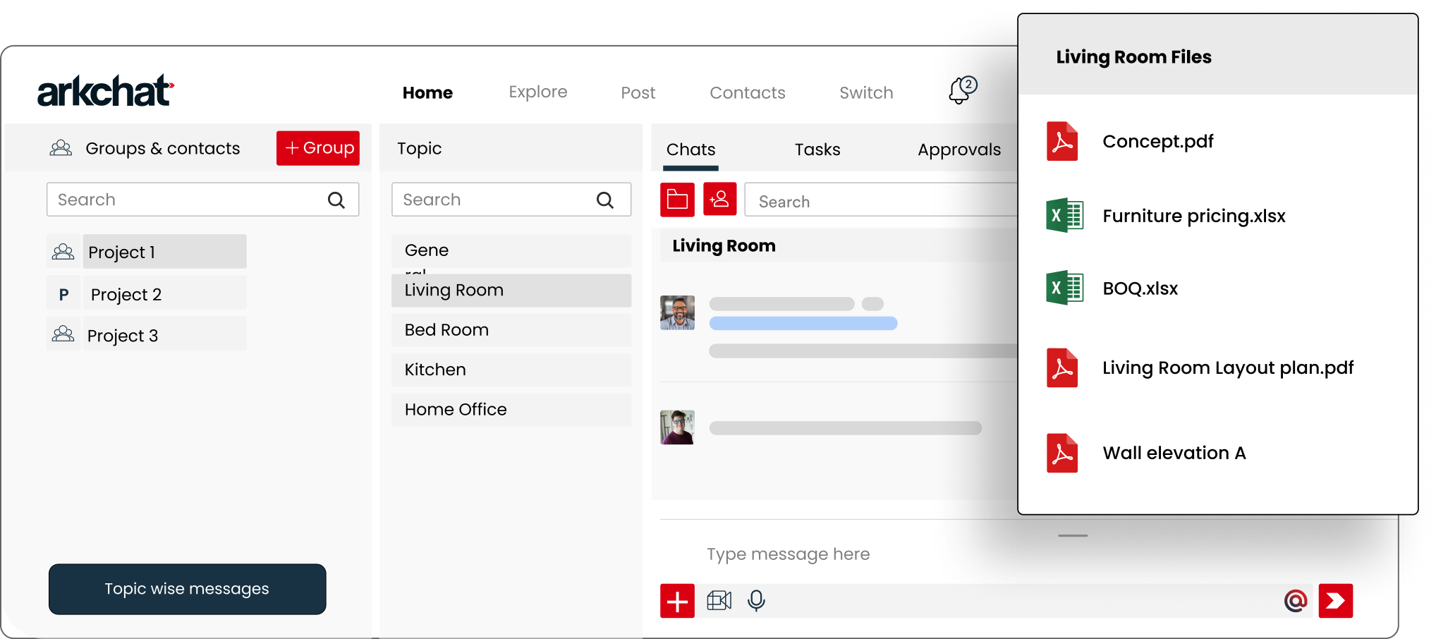 Arkchat messaging app: AEC firms can organise conversation and files related to different project spaces systematically web screen image