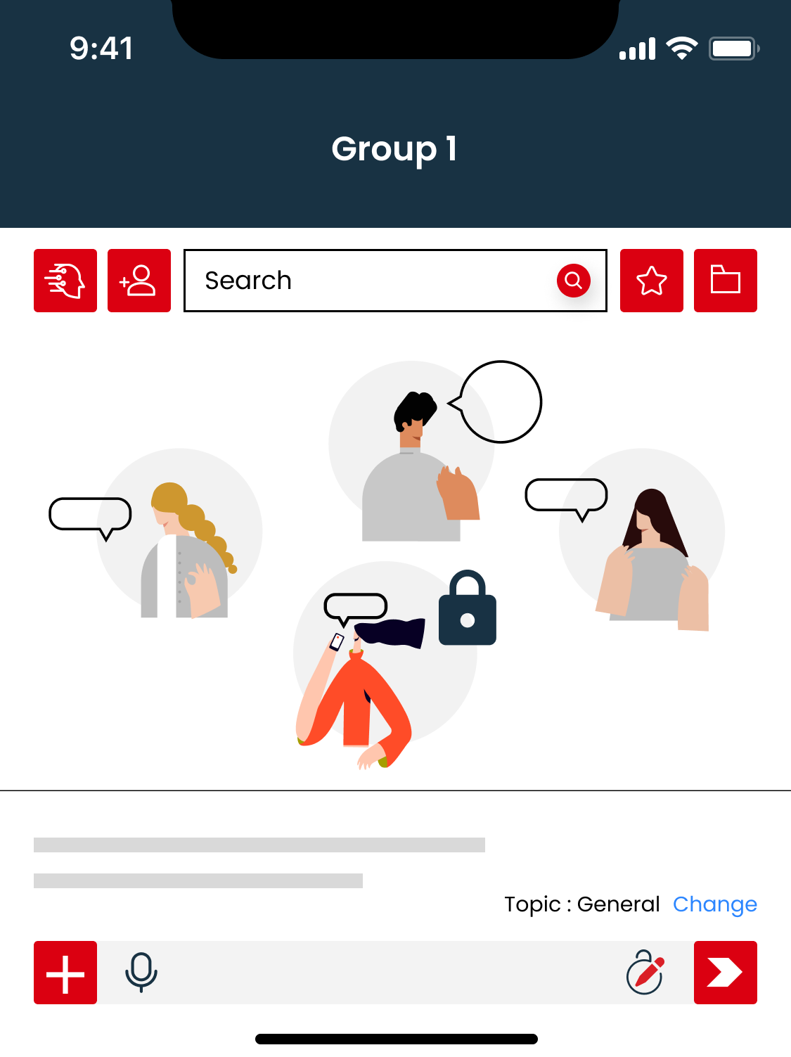 Arkchat messaging app: Professional firms can communicate privately in chat groups. Mobile screen