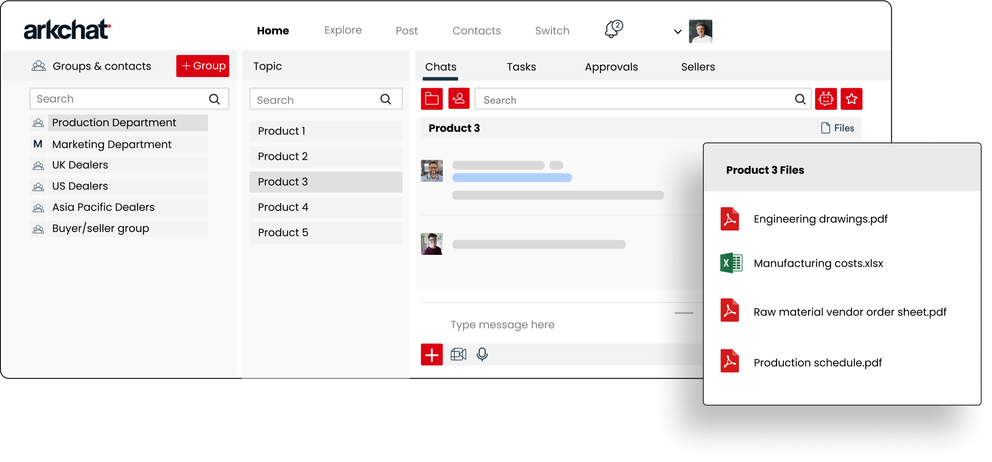 Arkchat messaging app: Manufacturers can organise conversations and files topic wise to retrieve them easily. Web screen image